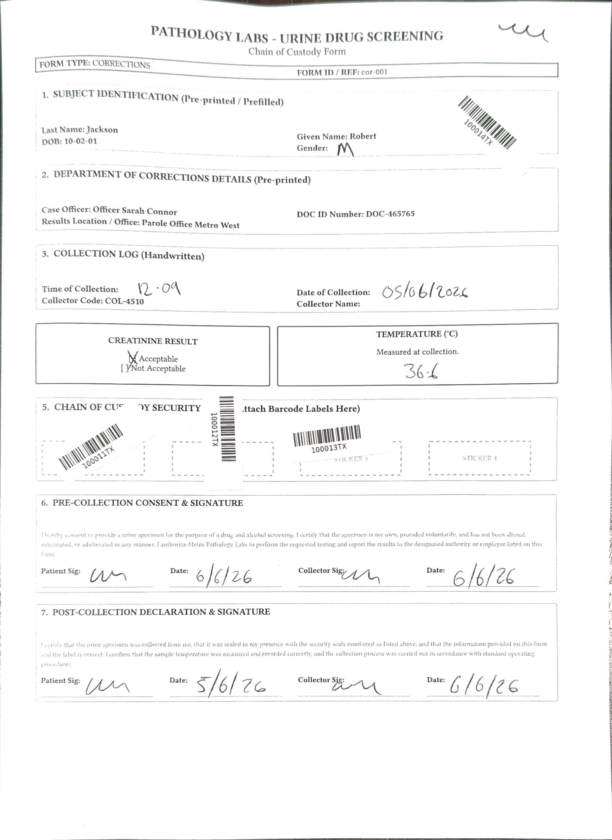 Example corrections form used to test AI field extraction